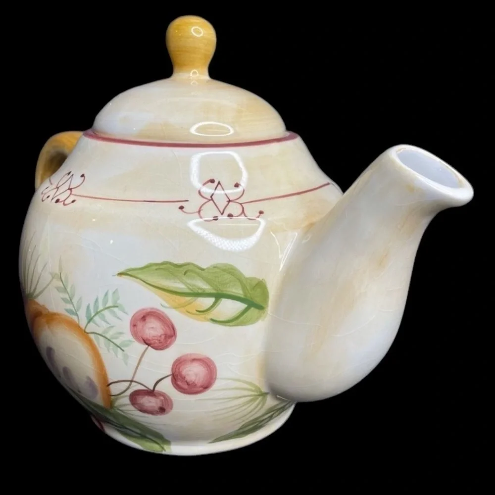 Crate & Barrel Winter Orchard Ceramic Teapot in EUC ~ crazing